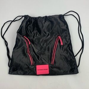 Victoria’s Secret Cinch Bag Black Bright Pink  Drawstrings 2 Zip Pockets